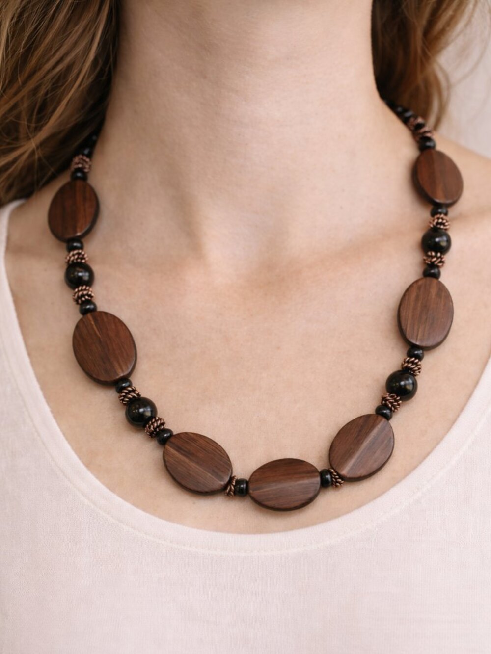 Handcrafted Wooden Disc Bead Necklace Brown Wood Black Glass Copper Boho